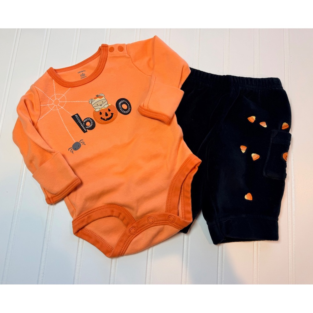 Carters Baby Newborn Halloween Bodysuit and Velour Pants Set Orange Black Boo